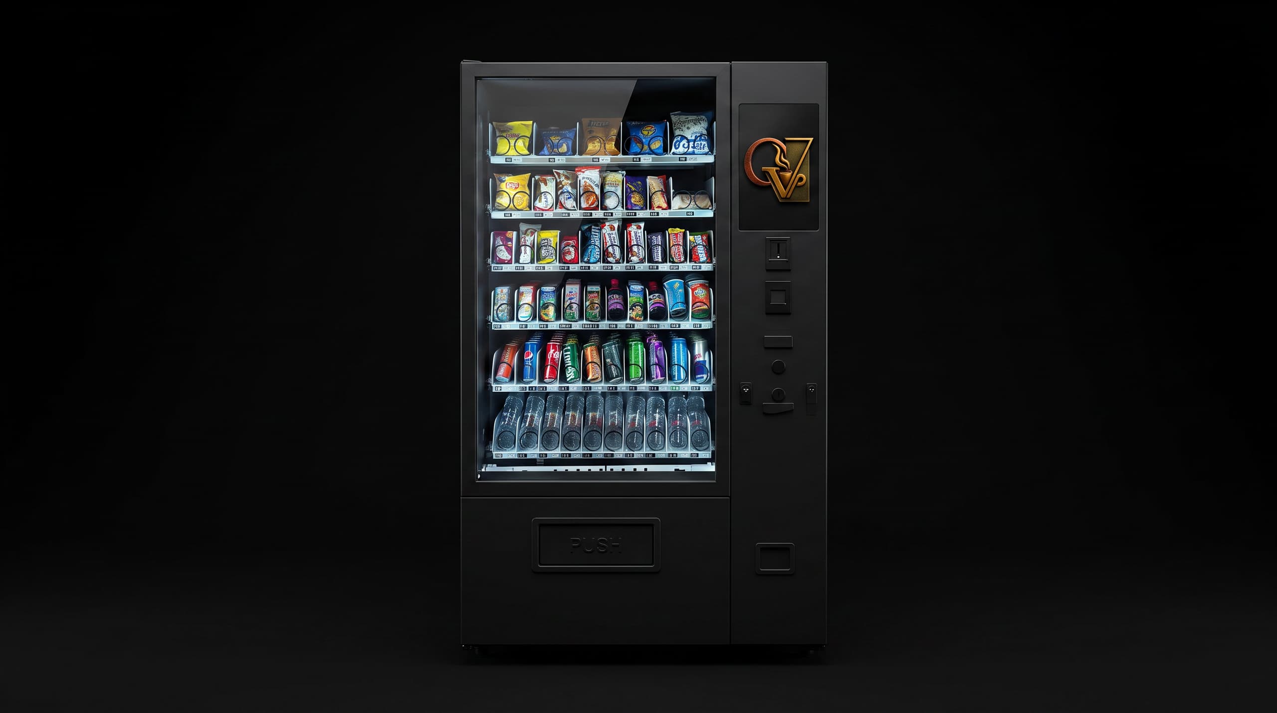 QVA HUB Smart Snacks & Beverages vending machine — full approved studio frame
