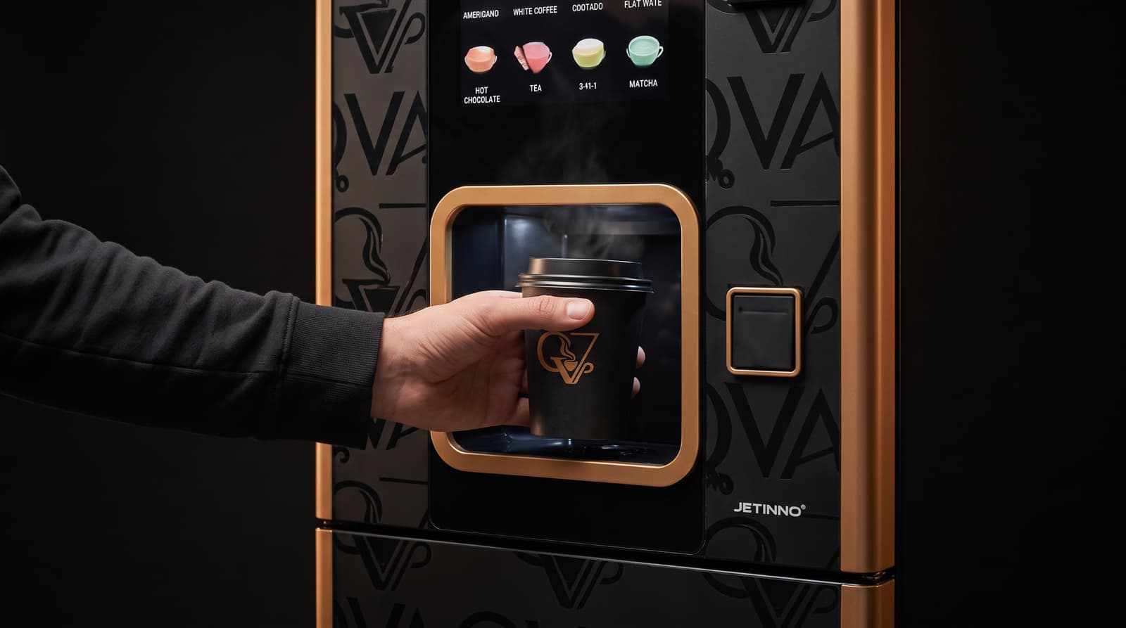 A QVA HUB coffee machine dispensing a branded cup — representative artwork, not a confirmed installation
