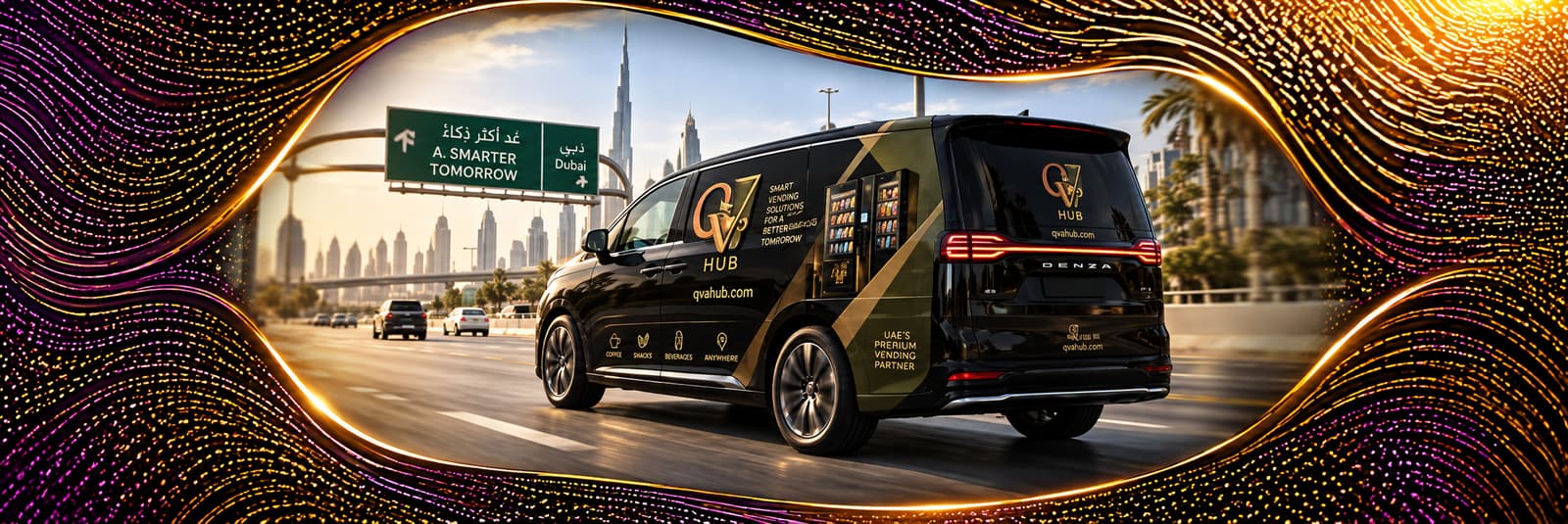 A QVA HUB-branded service vehicle on a Dubai highway — representative concept artwork, not a documented fleet vehicle
